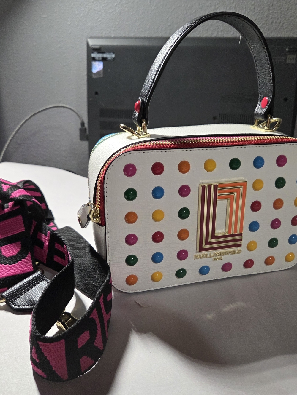 Kate Spade White Multicolor Dot Leather Crossbody Bag with Pink Strap